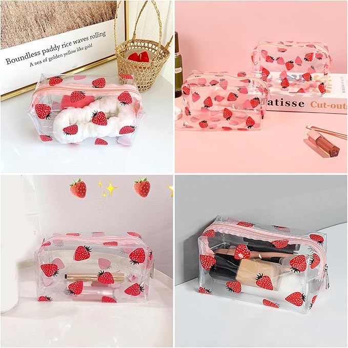 Clear Makeup Bag, Small Clear Toiletry Bag for Travel, Cosmetic Makeup Organizer Bags with Zipper, Plastic PVC Pouch Transparent Zip for Purse Reusable TSA Approved Quart Size (Strawberry)