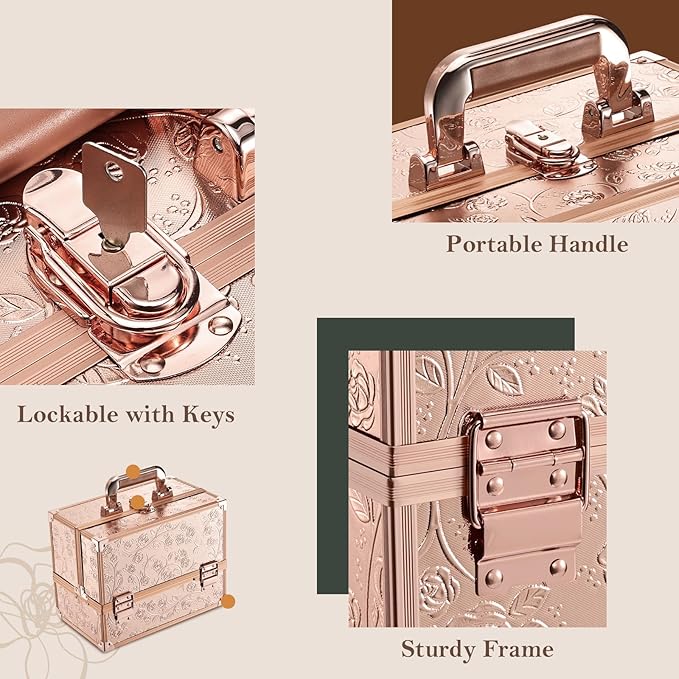 FRENESSA Makeup Case 11.8 Inch Makeup Organizer Case Large Cosmetic Box with Mirror Portable 3 Trays Travel Storage Box for Make Up Nail Tech Kits Cosmetology Case 3D Rose Gold Floral