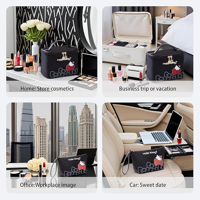Vimanllie Travel Makeup Bag Large Cosmetic Bags with Brush Holder,Black Waterproof 2PCS Portable Cosmetic Case for Women,Toiletry Bag for Skincare&Beauty Tools for Her