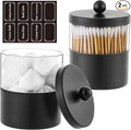 Gaussra Black Apothecary Jars, Black Qtip Holder - Stainless Steel Bathroom Jar with Stickers - Farmhouse Decor Qtip Dispenser for Qtips, Cotton Balls, Swabs, Makeup Sponges (2-Pack)