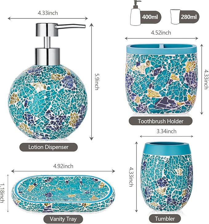 Handmade Blue Mosaic Glass Bathroom Accessory Sets 4PCS Bathroom Accessories Set Complete Includes Lotion Dispenser Toothbrush Holder Tumbler Cup & Vanity Tray