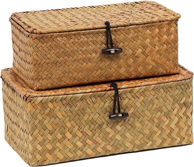 Set of 2 Wicker Basket with Lid, Seagrass Woven Basket for Storage, Decorative Storage Baskets Bins for Organizing Home