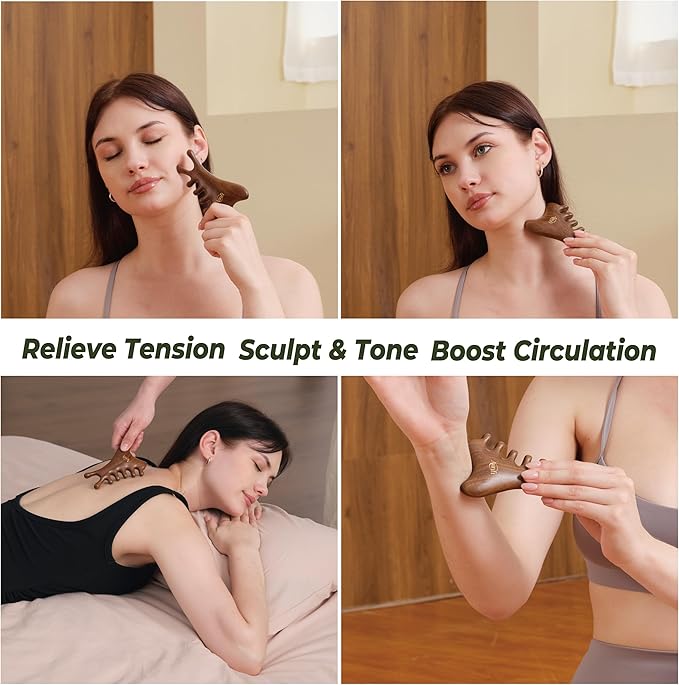 Wooden Gua Sha Tool Set – Facial & Scalp Manual Guasha Massage Tool for Tension Relief, Lymphatic Drainage Scraping Board with Portable Mini Wooden Comb, Self Care Gift-Ready Box