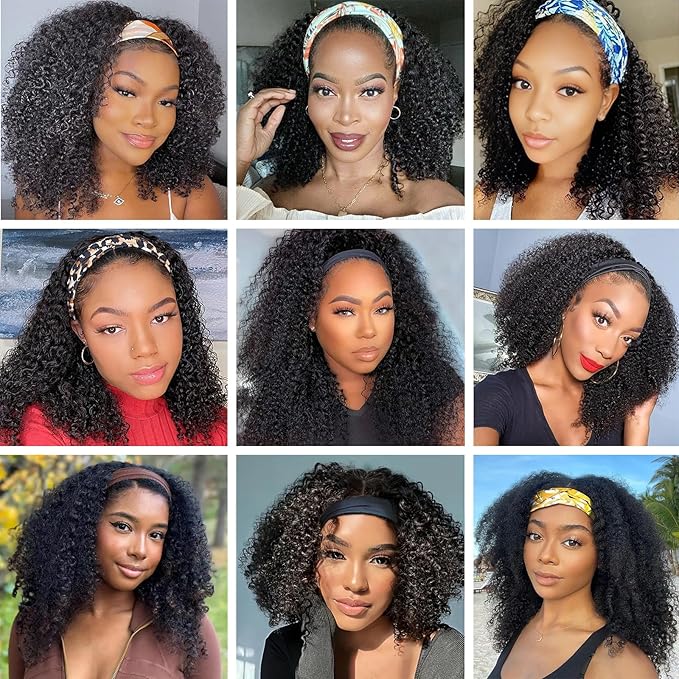 Aiterina Headband Wig Human Hair Kinky Curly Brazilian Virgin Curly None Lace Front Wigs for Black Women Headband Wig Human Hair Scarf No Gel Gluelees Remy Hair Natural Color (Headband Wig, 28inch)