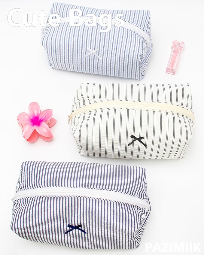 PAZIMIIK Cozy Makeup Bag Small Aesthetic Travel Zipper Cosmetic Pouch for Women Make Up Beauty Accessories Brushes, Stripe Blue Mix