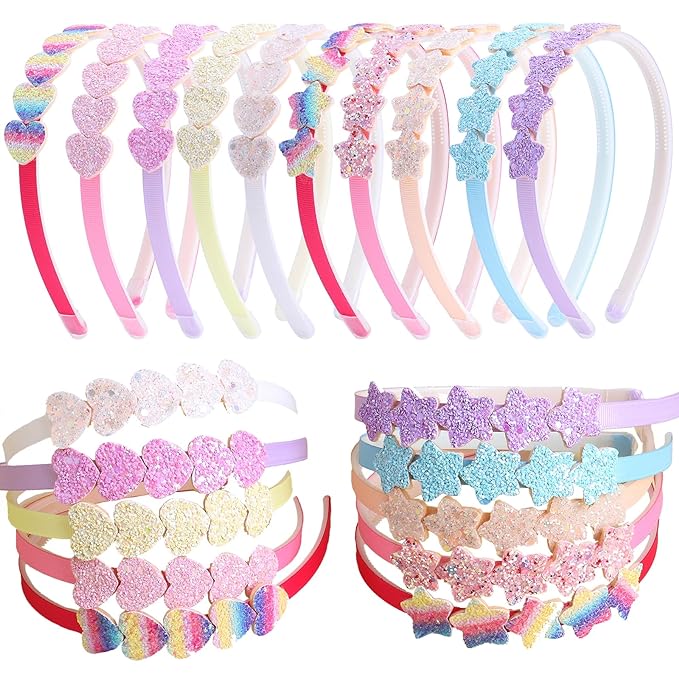 Fishdown Headband for Kids Girls, 10Pcs Rainbow Glitter Hairband for Toddler Heart Rainbow Star Non-slip Headbands with Teeth