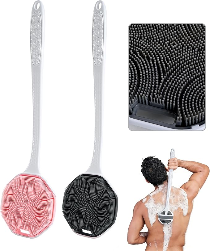 Silicone Body Scrubber with Long Handle, 2 Pack Soft Bristles Lathers Easily for Gentle Exfoliating & Deep Clean, Rich Foam, Durable Back Bath Brush (Grey + Pink)