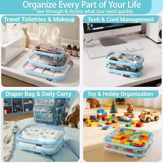 6 Pack Clear Hard Shell Zipper Case, Hard Plastic Organizer Pouches for Travel, Small Items, Makeup, Electronics & Art Supplies - Crush-Resistant & Waterproof Storage (Blue)
