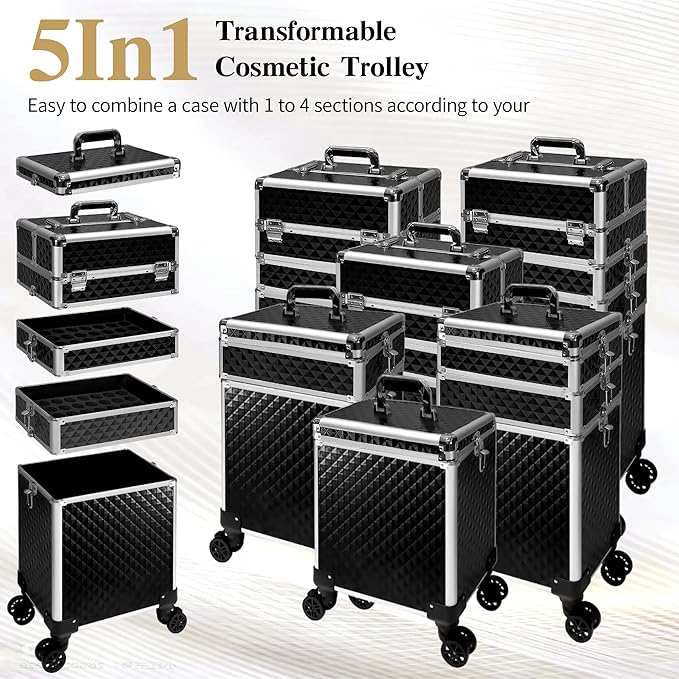 5 in 1 Rolling Makeup Train Case Professional Cosmetic Trolley Large Storage Organizer on Wheels for Hairstylist Artist Nail Beauty Salon Barber Black