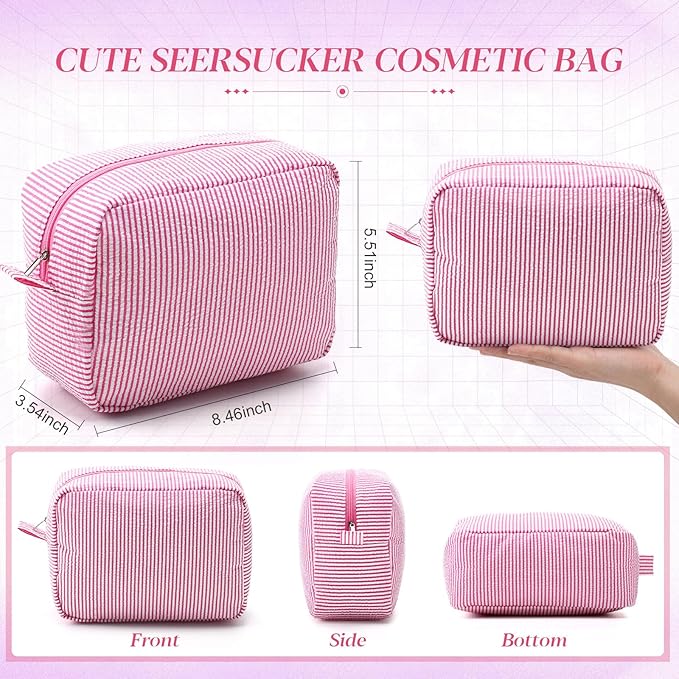 Sanwuta 9 Pcs Seersucker Cosmetic Bag Bulk Pinstripe Makeup Bag for Women Aesthetic Cute Travel Toiletry Organizer Preppy Storage Pouch for Wedding Bridesmaid Christmas Gift (Large, Pink)