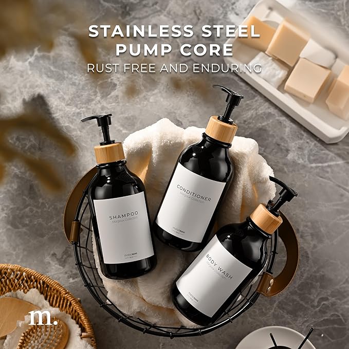 MaisoNovo Refillable Shampoo and Conditioner Bottles - 16.9 fl oz Set of 3 Black Plastic Bottles Black Bamboo Pumps