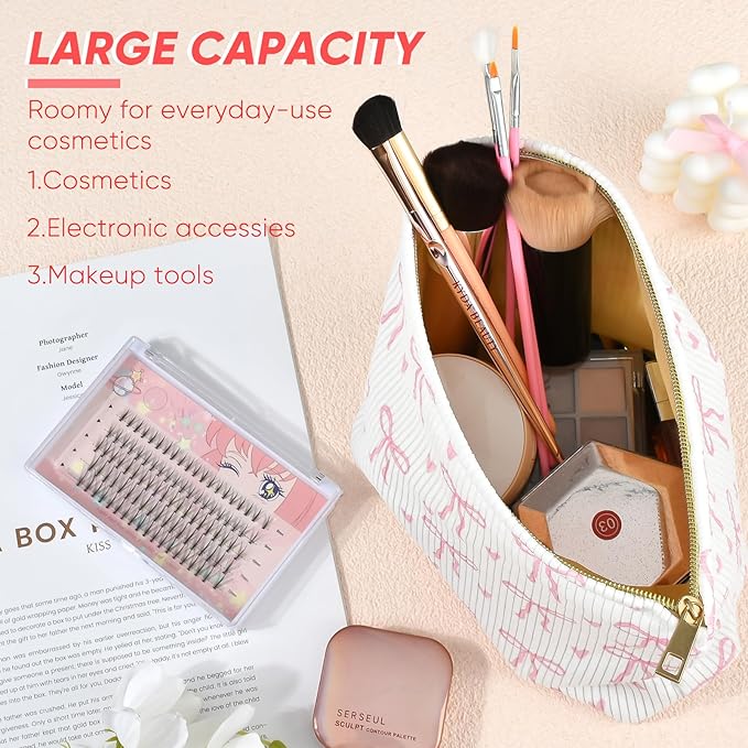 Cute Makeup Pouch for Women Bows Hearts Small Make Up Bag for Purse Zipper Initial Cosmetic Bags Pouches for Purse Aesthetic Travel Toiletrybags,Pink Bow Heart