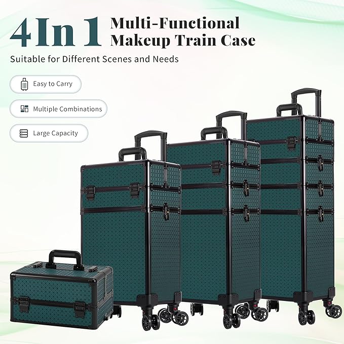 AROUS Rolling Makeup Train Case 4 in 1 Cosmetology Case on Wheels Large Storage Cosmetic Trolley with Key Salon Barber Traveling Cart Trunk, Green