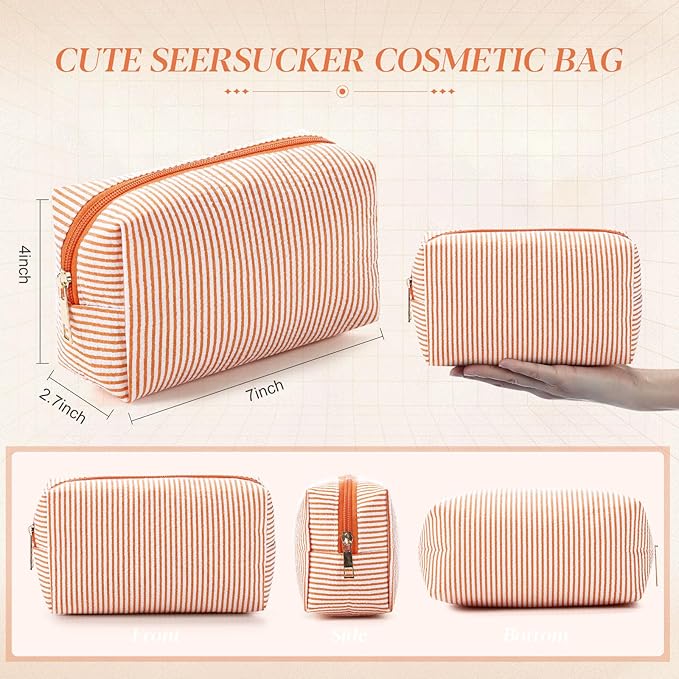 Sanwuta 12 Pcs Seersucker Cosmetic Bags Bulk Seersucker Makeup Bags Stripe Women Pouch Large Preppy Storage Pouch Toiletry Travel Organizer for Wedding Bridesmaid Bride Favor Mom Gift (Neutral)