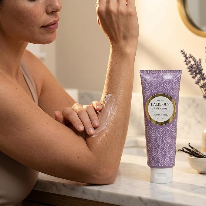 LaLicious Sugar Lavender Body Butter - Hydrating Body & Skin Moisturizing Cream with Whipped Shea Butter, Vitamin E, Cucumber Extract & Apricot Oil - No Parabens (8oz)