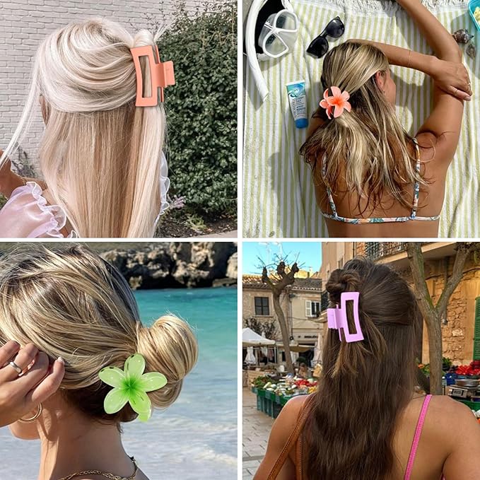 Flower Hair Clips for Women Square Claw Clips for Girls 2 Styles Hair Claw Clips for Thick or Thin Hair 6 PCS Hawaiian Hibiscus Rectangle Large Plumeria Medium Hair Accessories for Women (Purple)