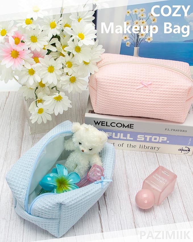 PAZIMIIK 6PCS Cozy Makeup Bag Travel Cosmetic Bag for Women Soft Toiletry Bag Aesthetic Makeup Organizer Portable Large Zipper Pouch for Skincare Beauty Accessories Brushes Waffle Check Blue