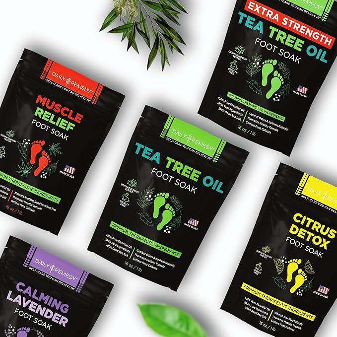 DAILY REMEDY Foot Soak Salts- Variety Pack of 4- Tea Tree Oil, Muscle Relief, Calming Lavender & Citrus Soak- For Foot Pain, Soreness, Athlete’s Foot, Odors, Calluses-Made In USA | Tea Tree Oil, Calming Lavender, Citrus Soak, For Foot Pain, Made In USA