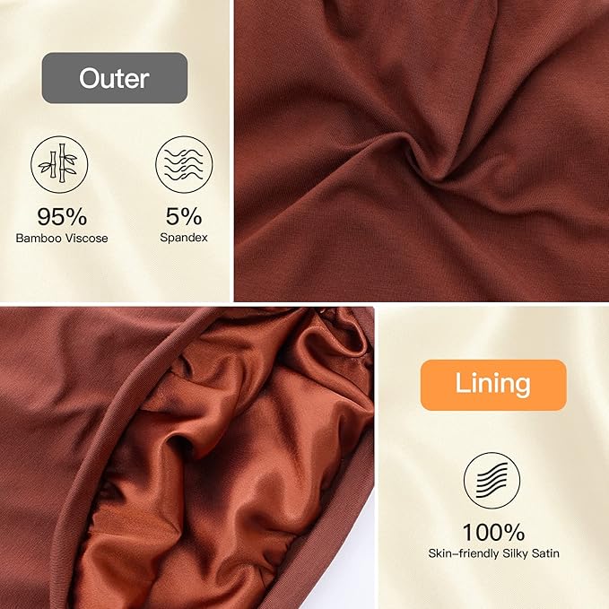 Silk Satin Lined Bonnet Sleep Cap - Adjustable Stay on All Night Hair Wrap Cover Slouchy Beanie for Curly Hair Protection for Women and Men - Solid Caramel
