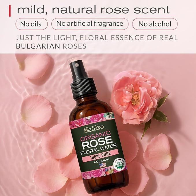 Ella & Eden Organic Rose Water Spray for Face, Hair - Hydrating, Refreshing Face Mist - USDA Certified 100% Pure Steam Distilled Hexane-Free - 4 Fl Oz