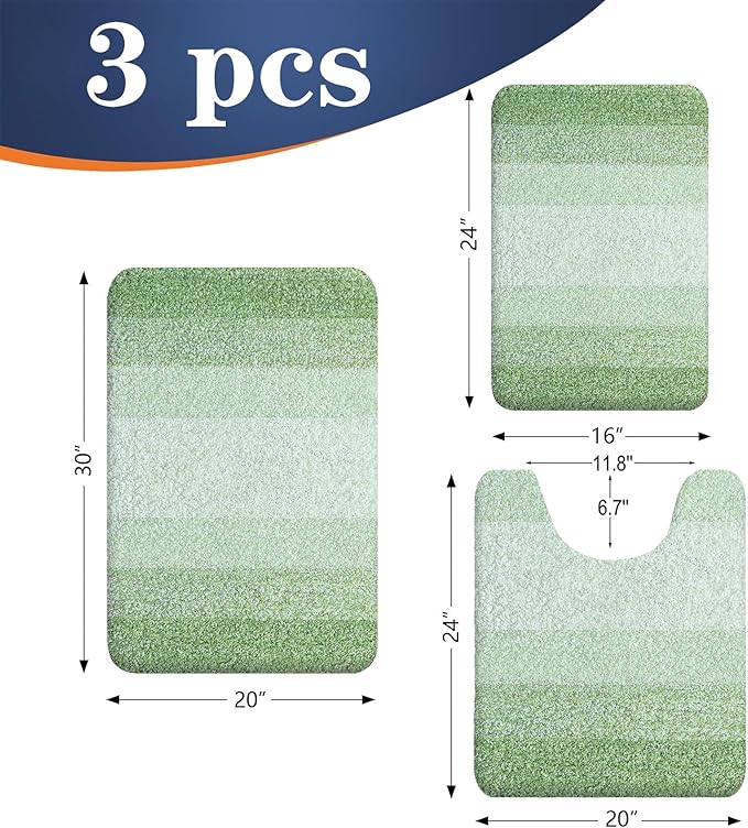 OLANLY Bathroom Rugs Sets 3 Piece, Soft Absorbent Microfiber Bath Mats and U-Shaped Contour Toilet Rug, Plush Shaggy Bath Mat Set for Bathroom (30"x20"+24"x16"+24"x20", Sage Green)