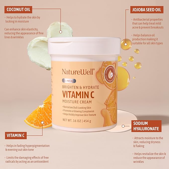 NATURE WELL Vitamin C Brightening Moisturizer Cream – Hydrating Face & Body Lotion with Coconut Oil, Helps Improve Uneven Skin Tone & Dark Spots, Anti-Aging Moisturizer for Smooth Radiant Skin, 16 Oz