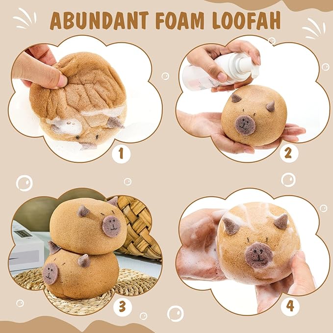 4 Pcs Capybara Bath Loofah Sponge Cartoon Body Scrubber Loofah Soft Mesh Exfoliating Bath Scrubber Shower Ball for Shower Sponge Gifts Exchange Birthday Party