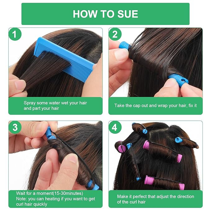 100 Pieces Nature Hair Curlers for Short Hair - Cold Wave Rollers with Elastic Bands, 5 Sizes for Curl Styling with Plastic Brush Combo