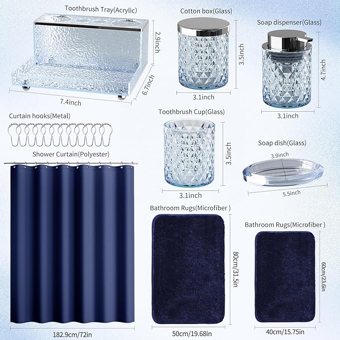 Blue Bathroom Accessories Set, 20 Pcs Glass Bathroom Set with Shower Curtain and Rugs, Soap Dispenser, Soap Dish, Cup, Qtip Jar, Toothbrush Holder, Stylish & Functional Bath Decor for Home, Apartment