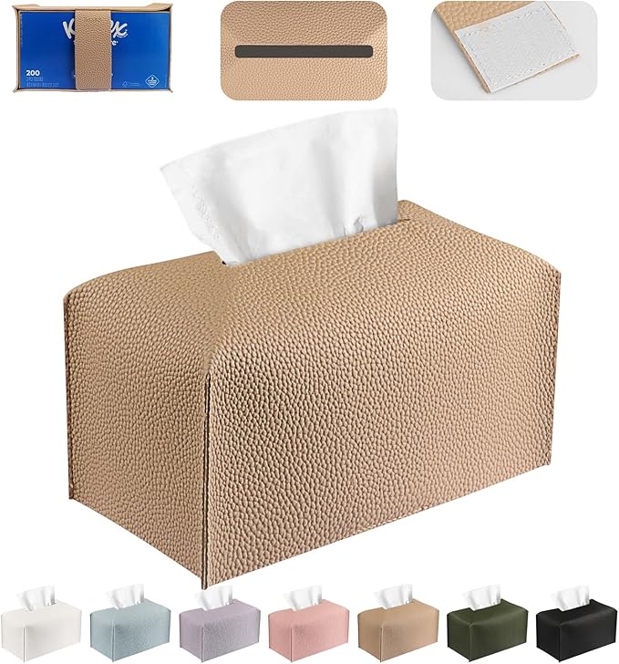 Tissue Box Cover PU Leather Tissue Holder Rectangle Facial Tissue Case Tissue Box Organizer Dispenser for Bathroom, Kitchen, Home, Office, Tabletop (SoftBeige, Tall)