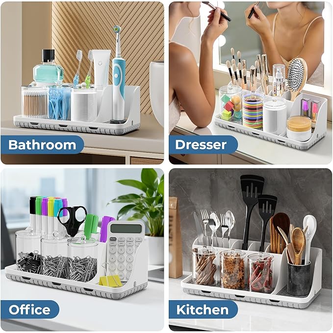 Bathroom Counter Organizers and Storage, Toothbrush Holders for Bathrooms with 3 PCS Qtip Holder, Kids Electric Toothbrush and Toothpaste Holder for Bathroom Vanity Sink Organizer (White)