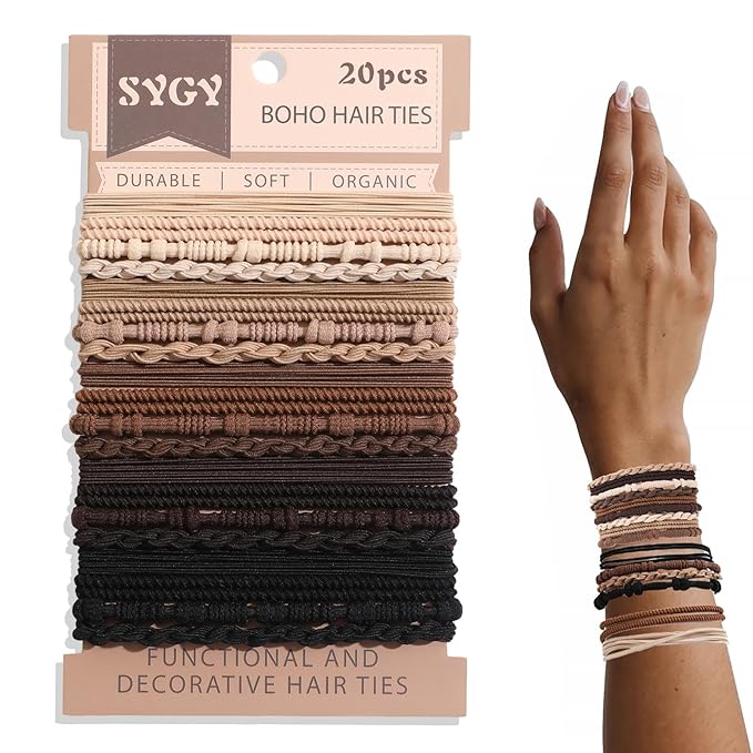 20 PCS Boho Hair Ties Bracelets, No-Damage Hair Elastics for Thick/Thin Hair, 4 Styles 2.36" Braided Ponytail Holders with Gifts Box, Brown