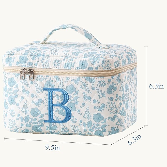 HBselect Initial Quilted Makeup Bag, Cotton Large Travel Makeup Bag, Cute Floral Coquette Make up Bag Cosmetic Bag Toiletry Bag for Women Girls B