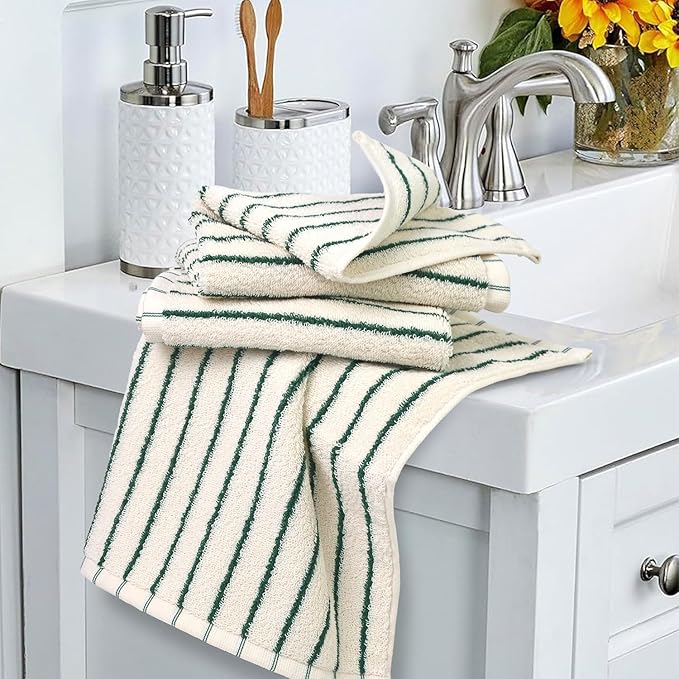 Jacquotha Striped Cotton Washcloths 12 Pack, 13” x 13” - Soft Wash Cloths for Bathroom, Kitchen, Gym, Face, Green and Cream
