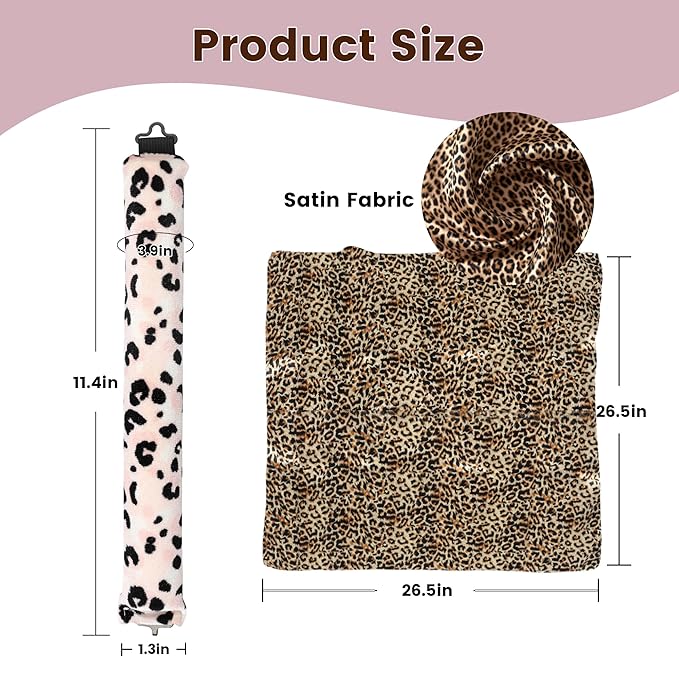 Heatless Curls Overnight Hair Curler - 3 Pcs Curling Rod to Sleep In, Velvet Hair Rollers with Satin Hair Scarf Girl's gift (Leopard Print)