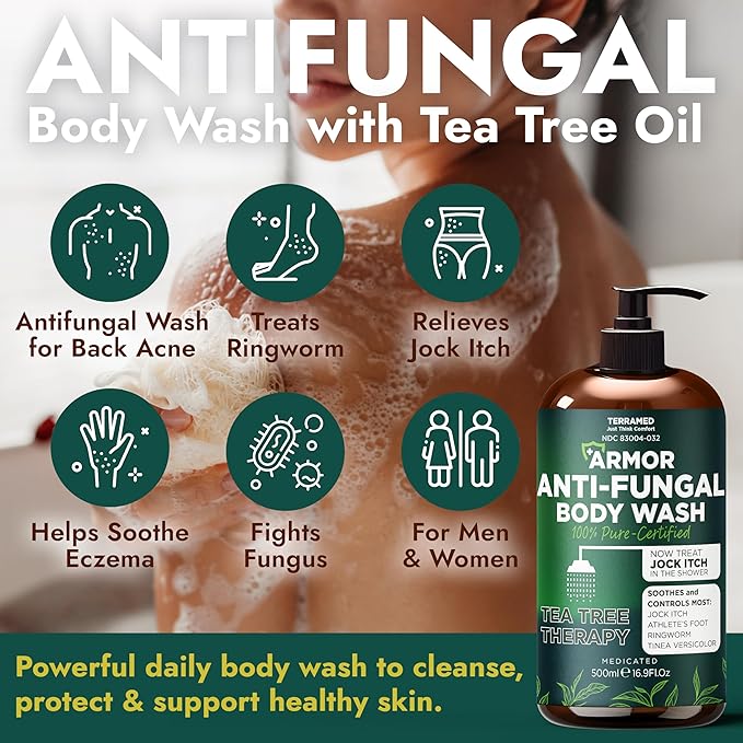 Antifungal Body Wash with Tea Tree Oil | Antifungal Soap for Back Acne,Treats Ringworm, Eczema & Jock Itch | Antifungal Body Soap For Men And Women | Includes Silicon Scrubber (16.9 oz)