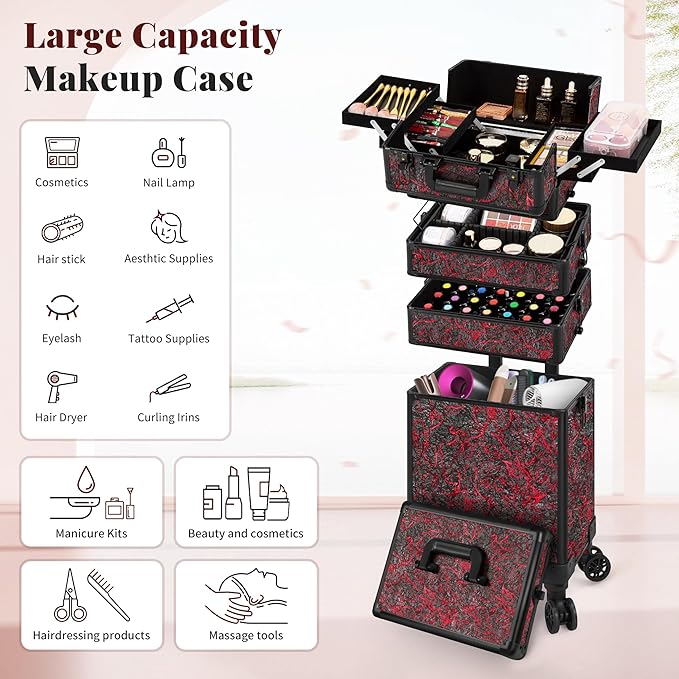 Profesional Rolling Makeup Train Case with Lid, 5 in 1 Cosmetology Case on Wheels, Large Cosmetic Trolley Organizer Travel for Hairstylist Artist Nail Beauty Salon Barber, Red