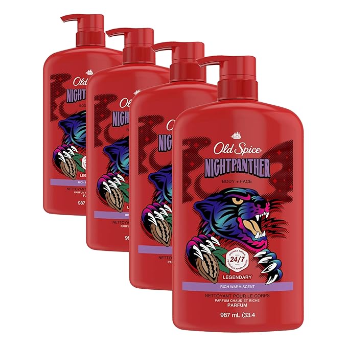 Old Spice Cleansing Body Wash for Men,3X Defense,24/7 Shower Fresh with Lasting Scent,2-in-1 Body & Face Wash,NightPanther with Rich Warm Scent,33.4 oz,(Pack of 4)
