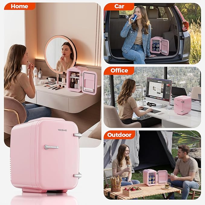 Mini Fridge, 4 Liter/6 Can Mini Makeup Fridge, 110V AC/ 12V DC Portable Thermoelectric Cooler&Warmer for Skincare, Drink, Cosmetic, Medicine, Small fridge for Bedroom, Office, Dorm, Car, Pink
