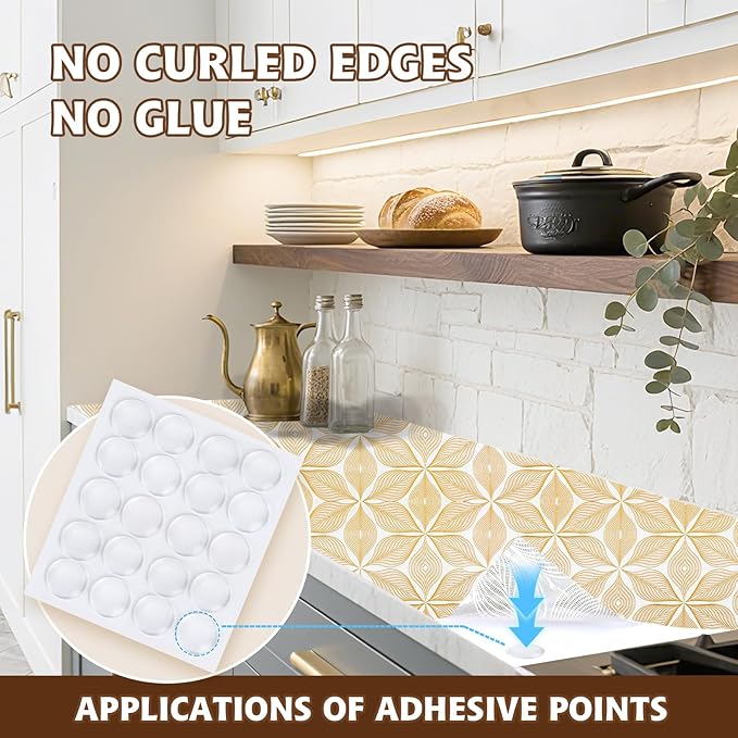Drawer and Shelf Liner for Kitchen Cabinet,Non-Adhesive Waterproof Drawer Liner for Dresser & Bathroom Vanities with Adhesive Dots & Cutting Tool(24 in X 30 Ft Gold Leaf Pattern)