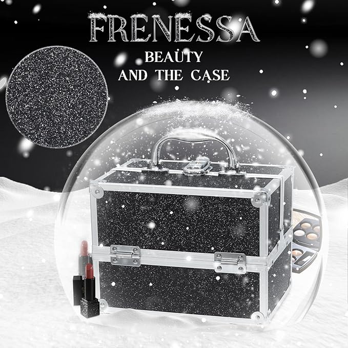 FRENESSA Makeup Train Case Portable Makeup Case Organizer Cosmetic Box Make Up Box Makeup Organizer Cosmetic Storage Cases with Locking Nail Kit Organizer Travel Case Black