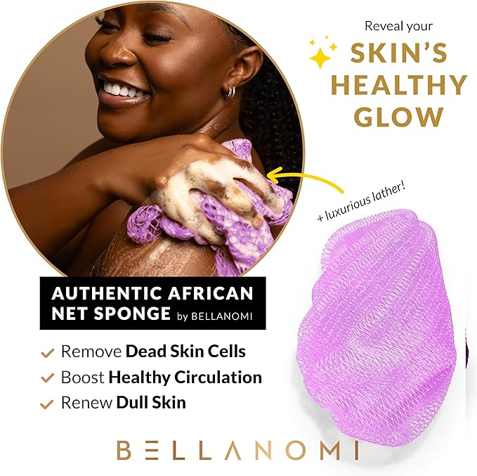 BELLANOMI African Exfoliating Net Sponge, Authentic African Bath Sponge, Ethically sourced from Nigeria, 45 inches Long, Back Scrubber for Daily use (Lilac)