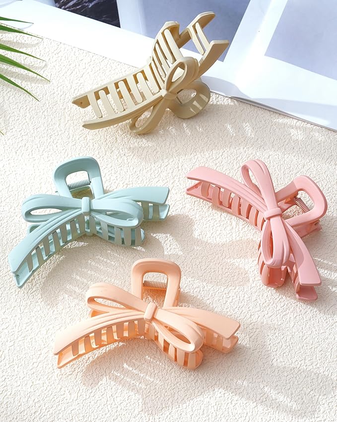 Mesovor 4 Pack Cute Bow Claw Clips, Nonslip 4.92" Large Matte Strong Hold Bows Hair Clips for Thin and Thick Hair | Chic Hairclips for Holidays or Everyday Hairstyle (Colorful Matte)