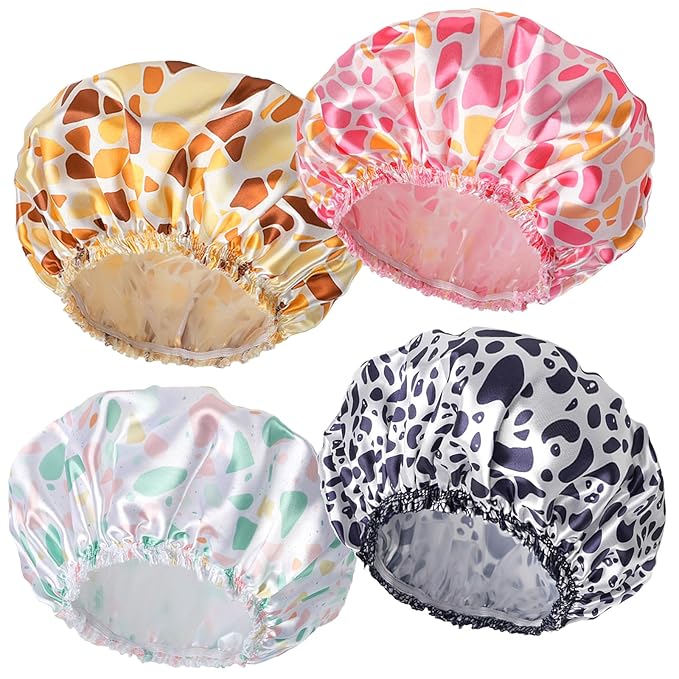 Shower Caps for Women, 4 PCS Elastic and Reusable Bath Caps, Double Layers Shower Cap Reusable Waterproof, Bathing Shower Caps, Environmental Bath Hair Protection Cap - Stone