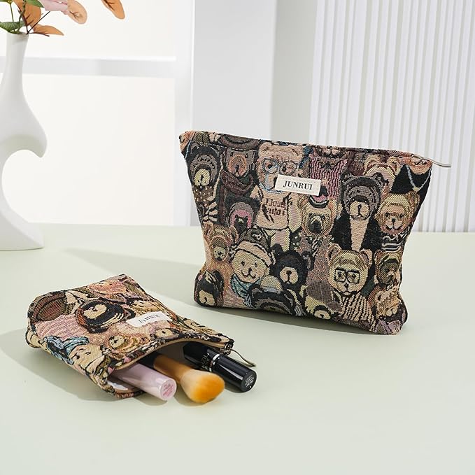 2PCS Makeup Bag Small Cute Cosmetic Bags for Women，Bear Pattern Travel Toiletry Bag for Purse, Large Canvas Cosmetic Pouch Makeup Organizer Tool Pouch with Zipper（Bear Brown）