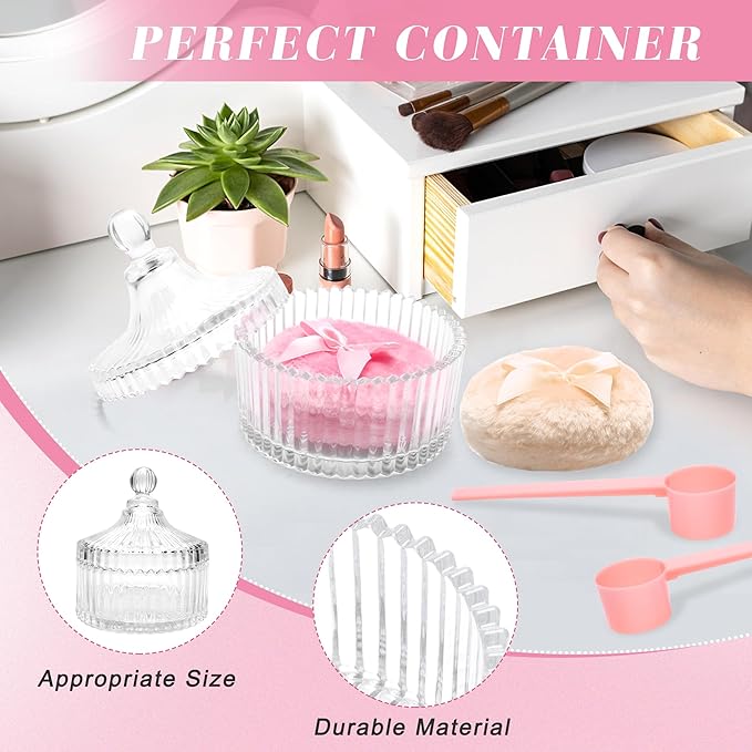 5PCS Body Powder Puff and Container, Coolrunner Crystal Clear Powder Container with Powder Spoon, Dusting Powder with Puff for Women, Washable Reusable