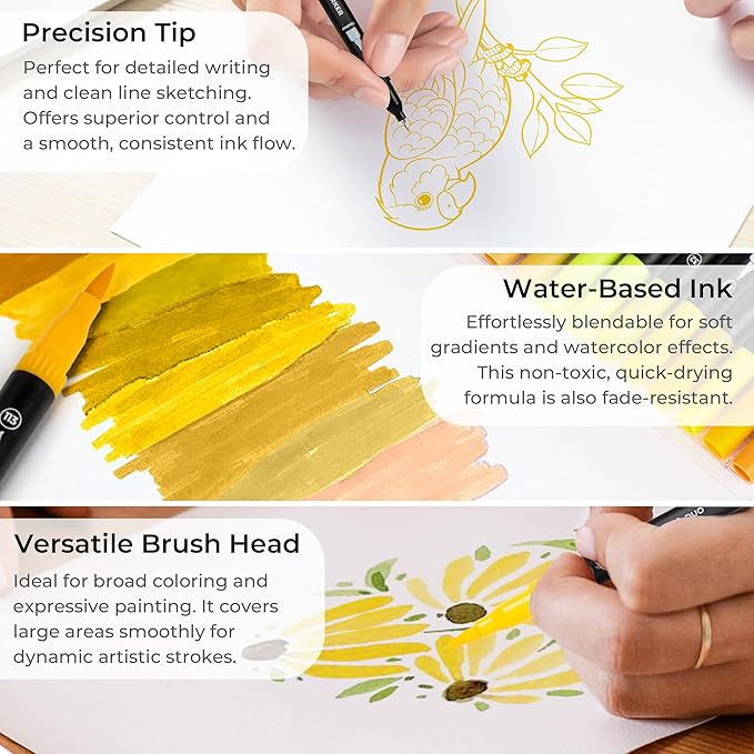 Yellow Duo Tip Marker Pens, 12 Pack Fine & Brush Markers for Adult Coloring Books No Bleeding, Sunshine Yellow Markers for Summer Themes, Sunflower Art, Energetic Accents and Happy Doodles