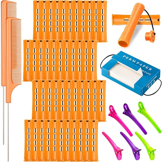 WILLBOND Hair Styling Kit: 48 Hair Perm Rods Plastic Cold Wave Rods, 2 Steel Pintail Combs, 350 Perm Papers, 6 Duck Bill Clips for Hairdressing Styling(Orange)
