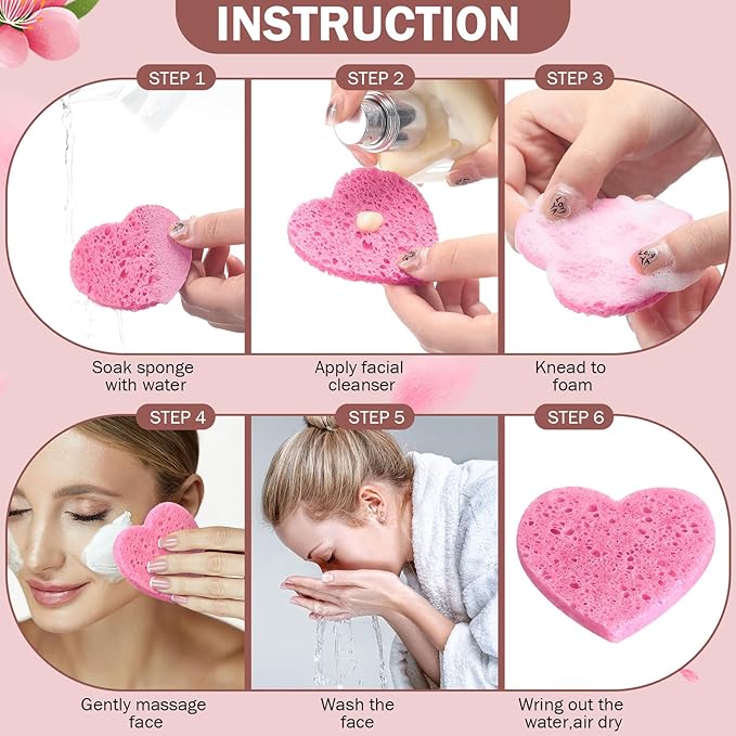 Dandat 300 Count Compressed Facial Sponges Heart Shape Face Sponges for Cleansing Natural Facial Exfoliating Pads for Estheticians(Pink)