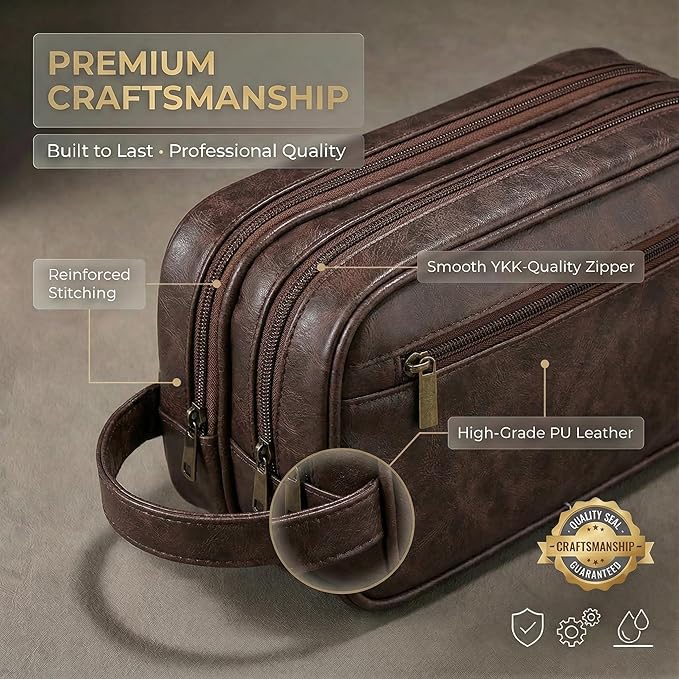 Men’s Toiletry Bag Travel Dopp Kit–double-deck PU Leather Water-Resistant Shaving Organizer Large Capacity, Double Compartments & Inner Pockets for Grooming, Bathroom & Gym Trip Toiletry Case(Coffee)